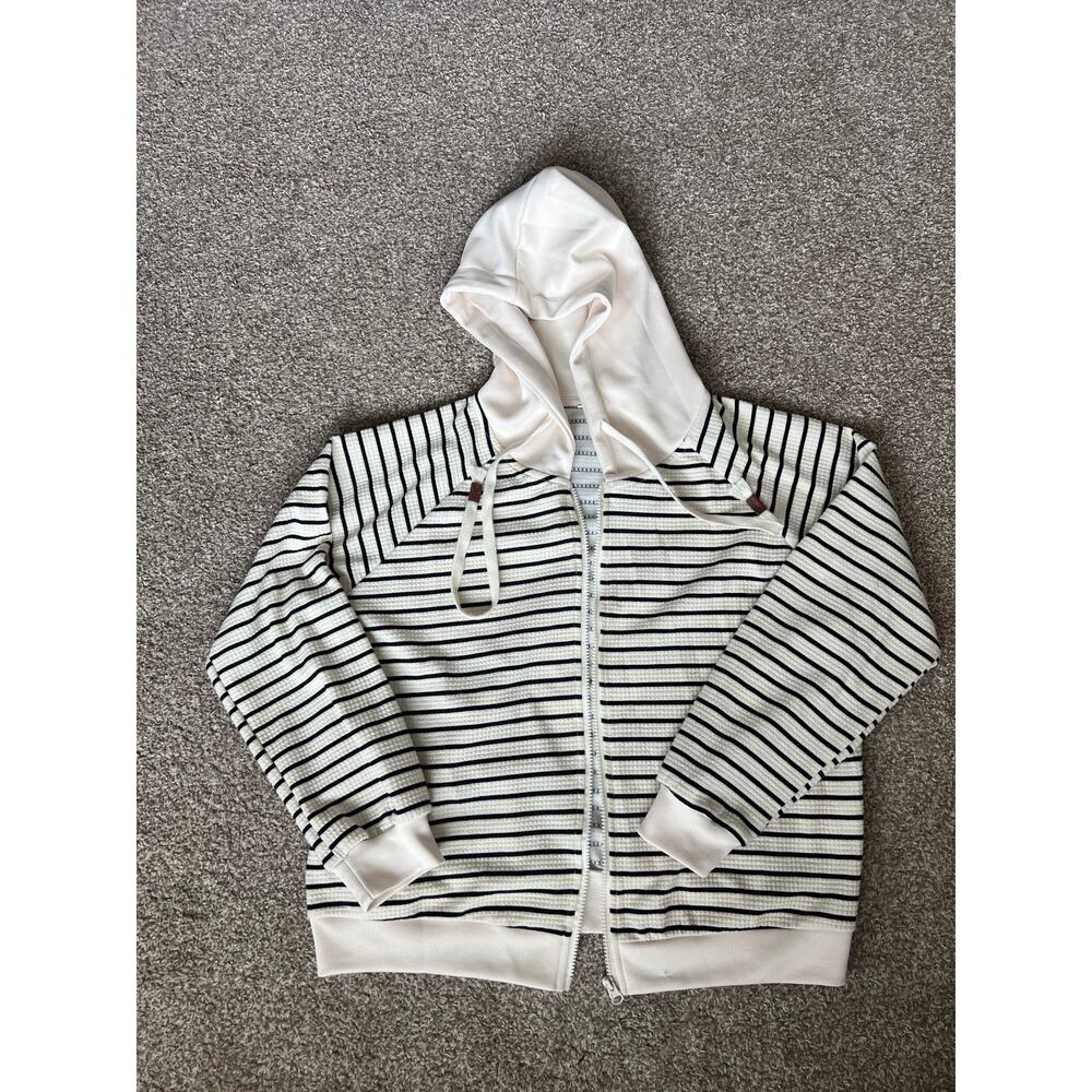 Striped Zip Up Waffle Knit Hoodie Jacket Size‎ L Cream Neutral Coastal Grandma